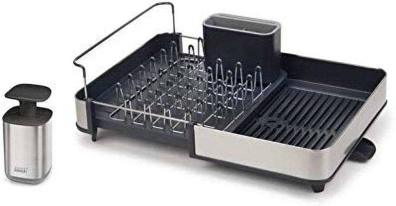 Joseph Joseph Extend Steel Expandable Dish Drying Rack with Removable Cutlery Holder Swivel Draining Spout, Stainless Steel