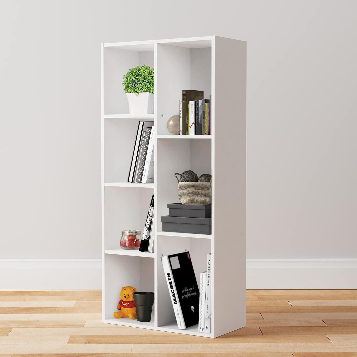 Amazon Basics 7 Cube Organizer Bookcase Shelf, Storage for Home and Office, 9.25"D x 19.49"W x 41.73"H, White