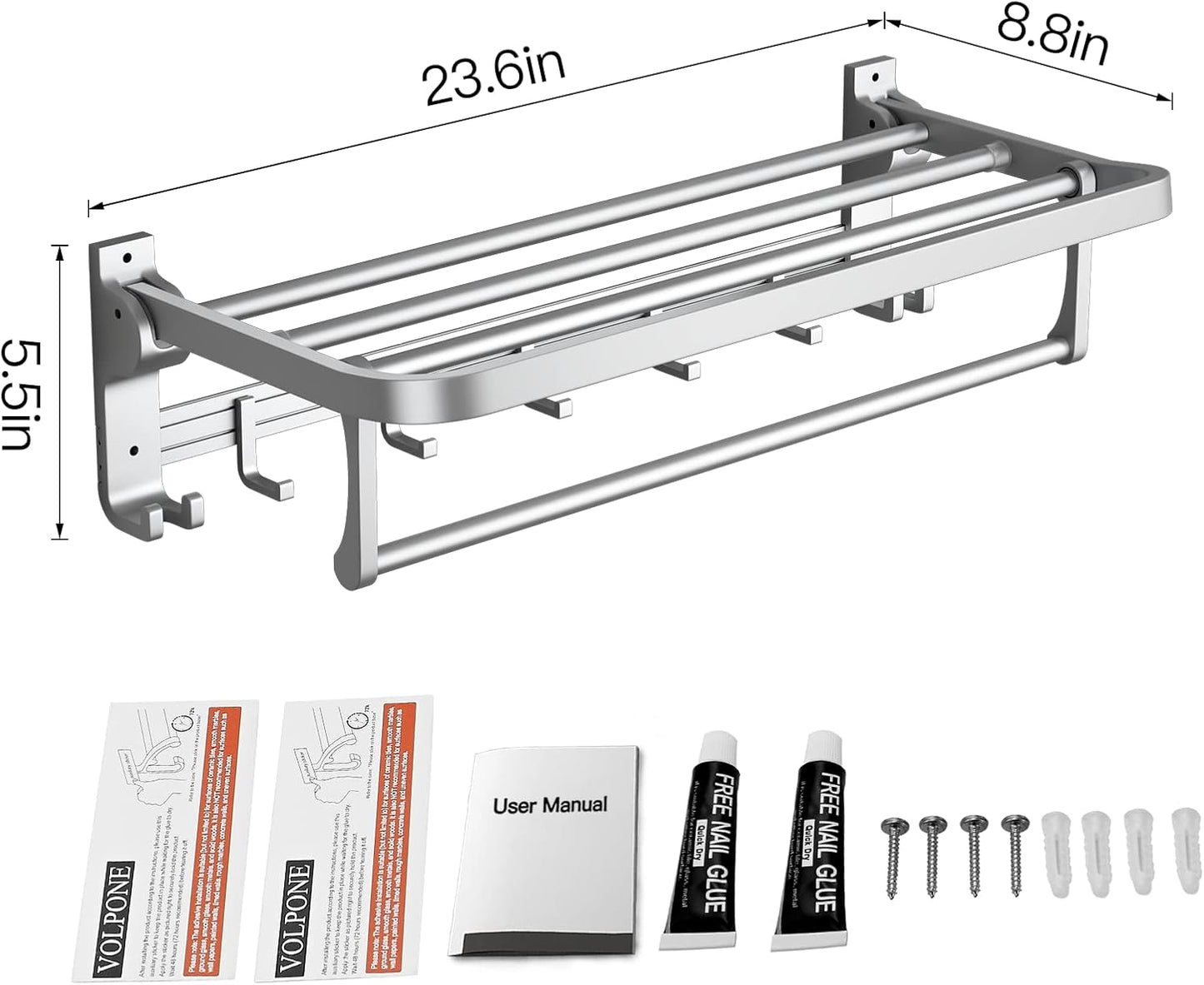 VOLPONE 24 Inch Towel Rack with Towel Bar Holder Foldable Towel Shelf with Movable Hooks Rustproof Towel Storage Wall Mount for Bathroom Lavatory Silver