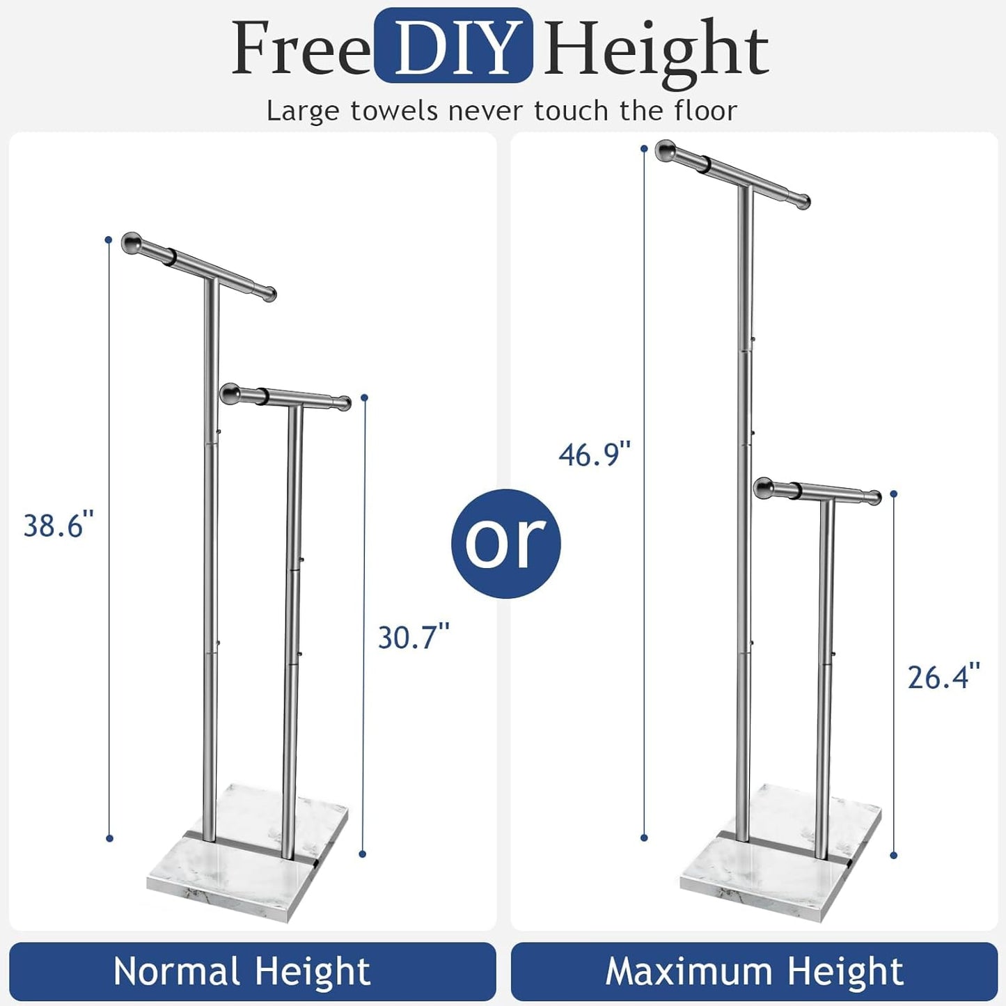 Kayfia 40" Standing Towel Rack with Weighted Marble Base, Width Adjustable & Taller Bathroom Towel Rack Stand, 2-Tier Towel Racks for Bathroom, Multiple Spaces Stainless Steel Brushed Finish