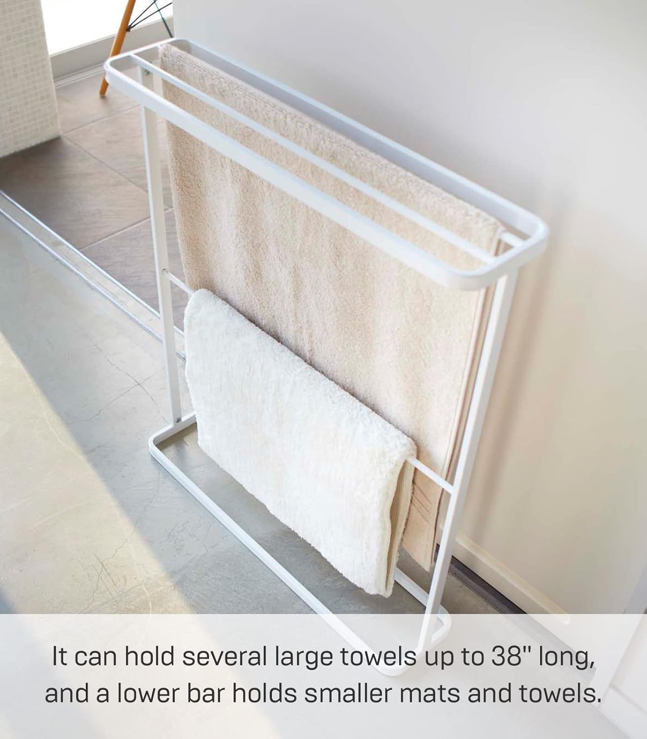 Yamazaki Home Bath Towel Hanger - Bathroom Organizer Storage Holder Dry Rack Steel One Size White