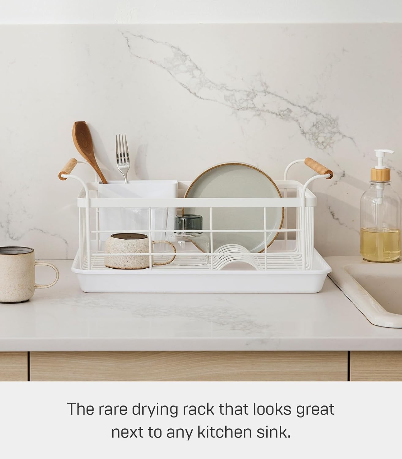 Yamazaki Home Dish Rack with Removeable Drainer Tray, Kitchen Counter Dish Drying Organizer Holder Steel + Wood One Size White