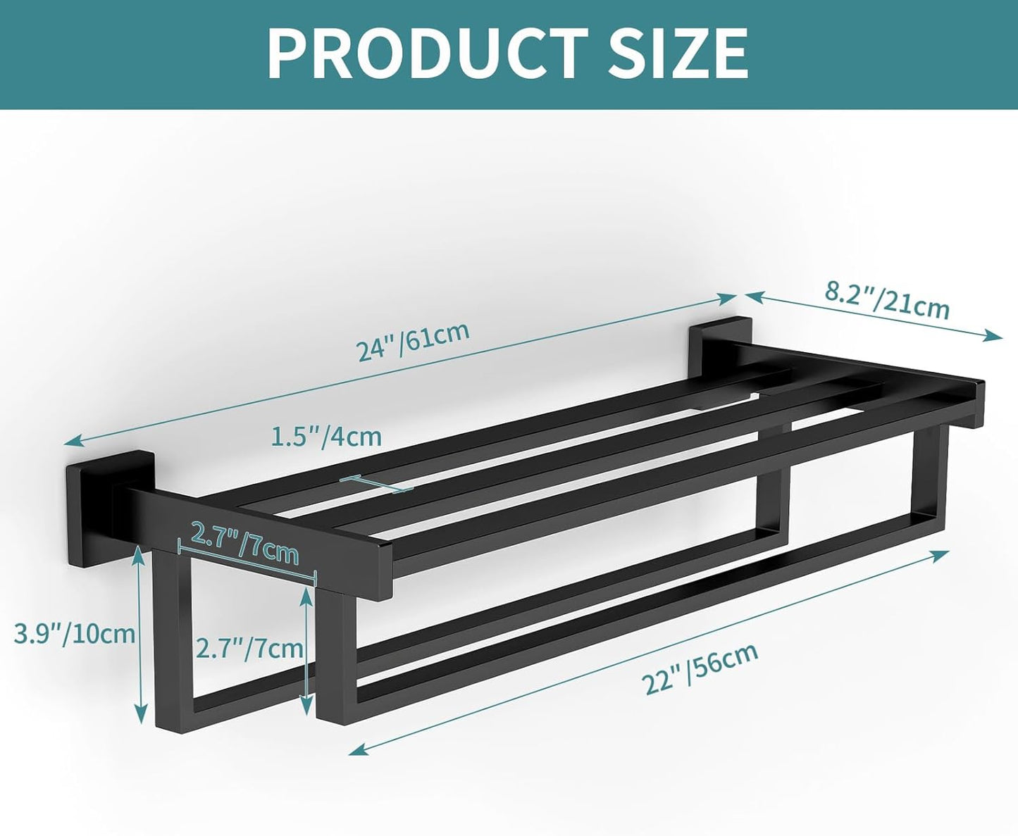 Bathroom Towel Rack with Double Towel Bar, 24 Inch Towel Racks for Bathroom Wall Mounted, Hand Towel Hanger Stainless Steel Towel Shelf Rack Bathroom Towel Storage, Black