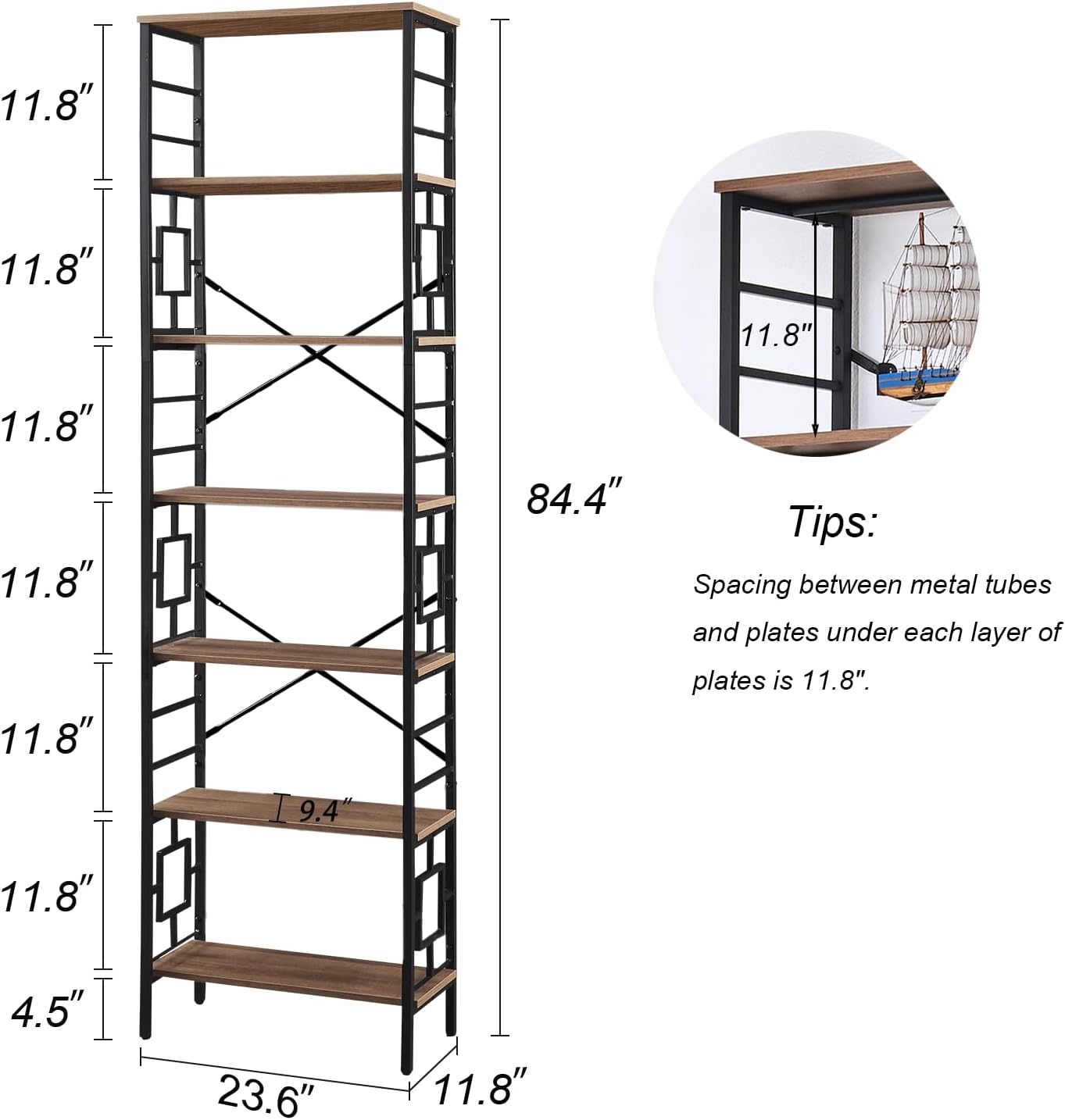 HOMISSUE Tall Bookshelf, 84 Inch Industrial Bookshelf with Metal Frame and Open Shelves, 7 Tier Metal Bookshelves and Bookcases, Rustic Tall Book Shelf for Office, Living Room and Bedroom, Brown