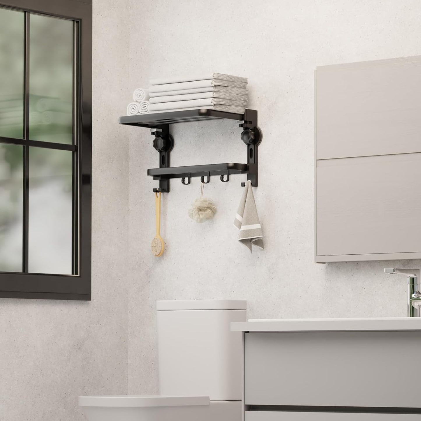 Towel Rack with Towel Bar Holder Suction Cup Foldable Towel Shelf No Drill with 7 Hooks Rustproof Towel Storage Wall Mount for Bathroom Lavatory Matte Black 20 Inch