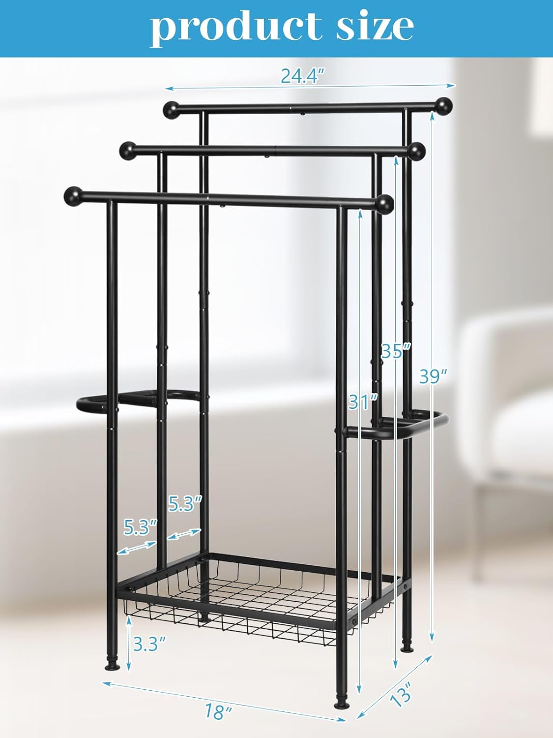 Haturi Free Standing Towel Rack for Bathroom, 39" Black 3-Tier Rust-Resistant Outdoor Towel Drying Rack for Pool, Metal Blanket Rack Holder with Storage Basket for Oversized Bath Towels