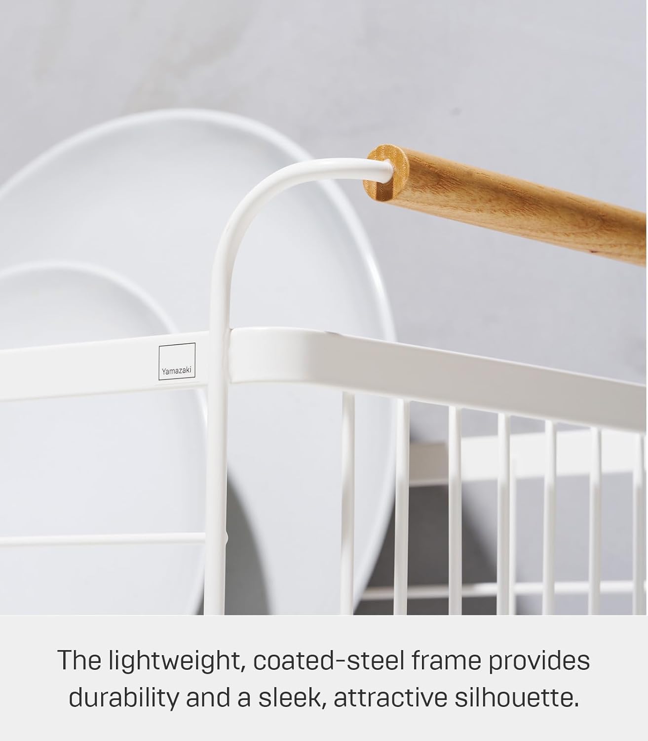 Yamazaki Home Dish Rack with Removeable Drainer Tray, Kitchen Counter Dish Drying Organizer Holder Steel + Wood One Size White