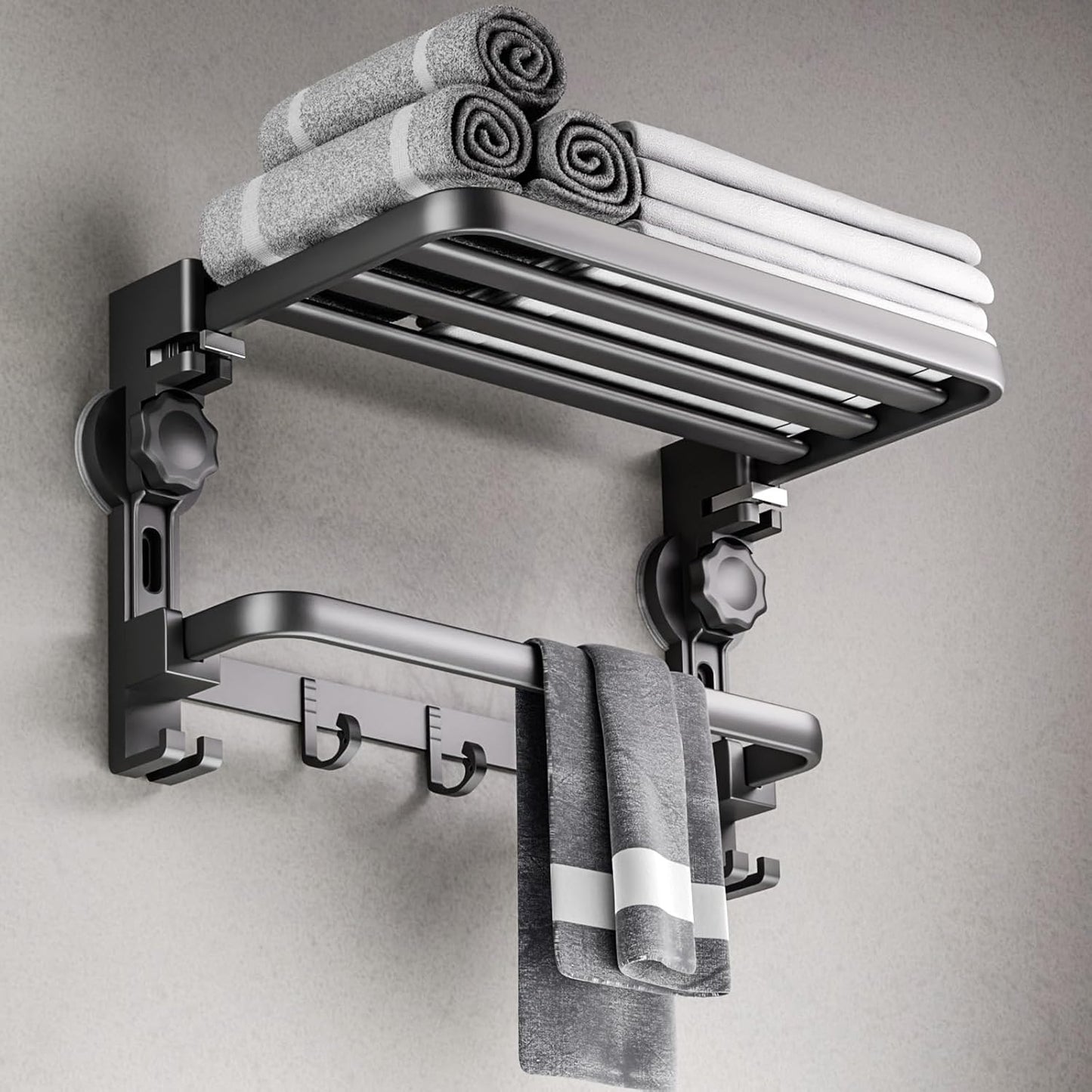 Towel Rack with Towel Bar Holder Suction Cup Foldable Towel Shelf No Drill with 7 Hooks Rustproof Towel Storage Wall Mount for Bathroom Lavatory Matte Black 20 Inch