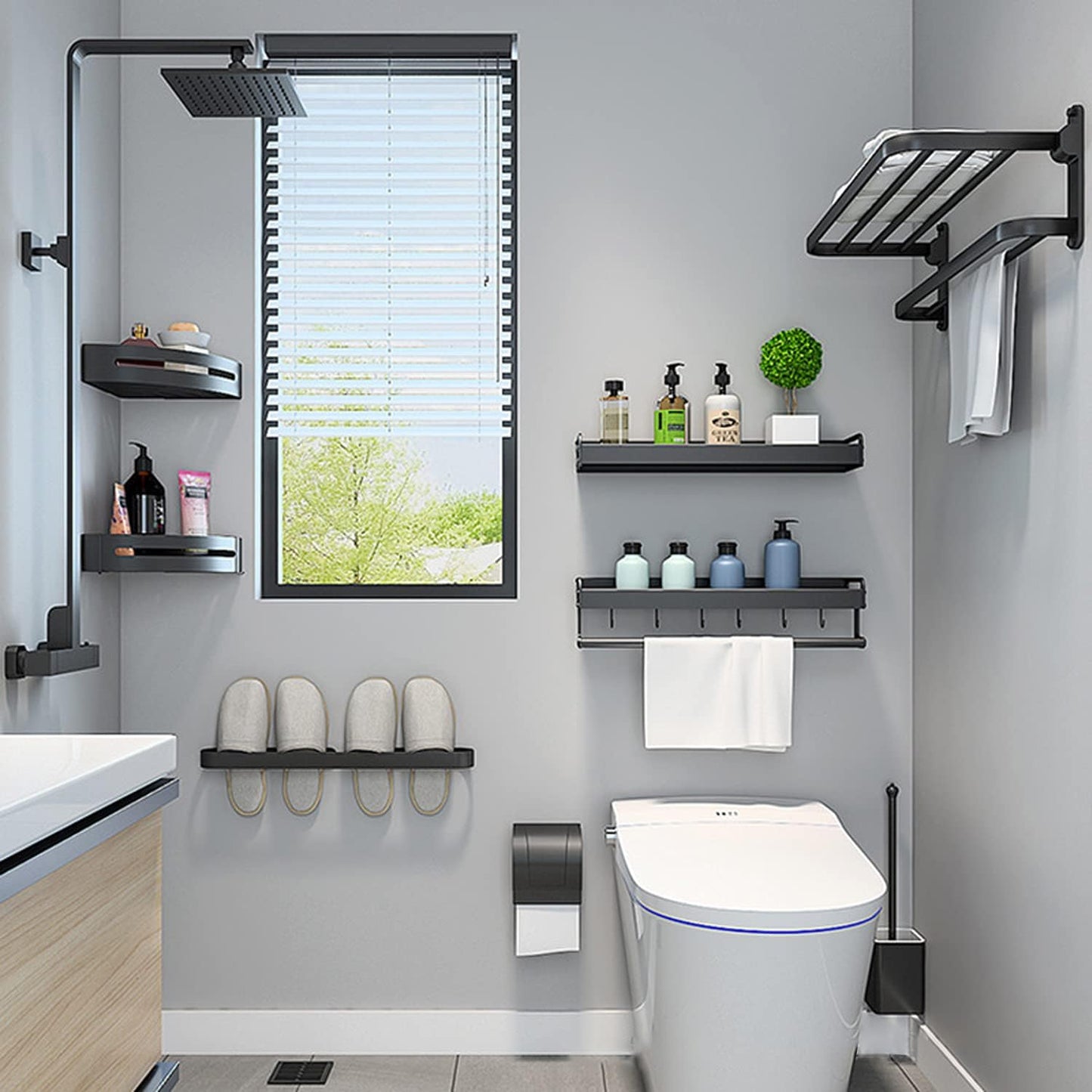 BOZWELL Bathroom Lavatory Towel Rack with Two Towel Bars,24-Inch Towel Holder with Shelf BZ205-A (Matte Black)