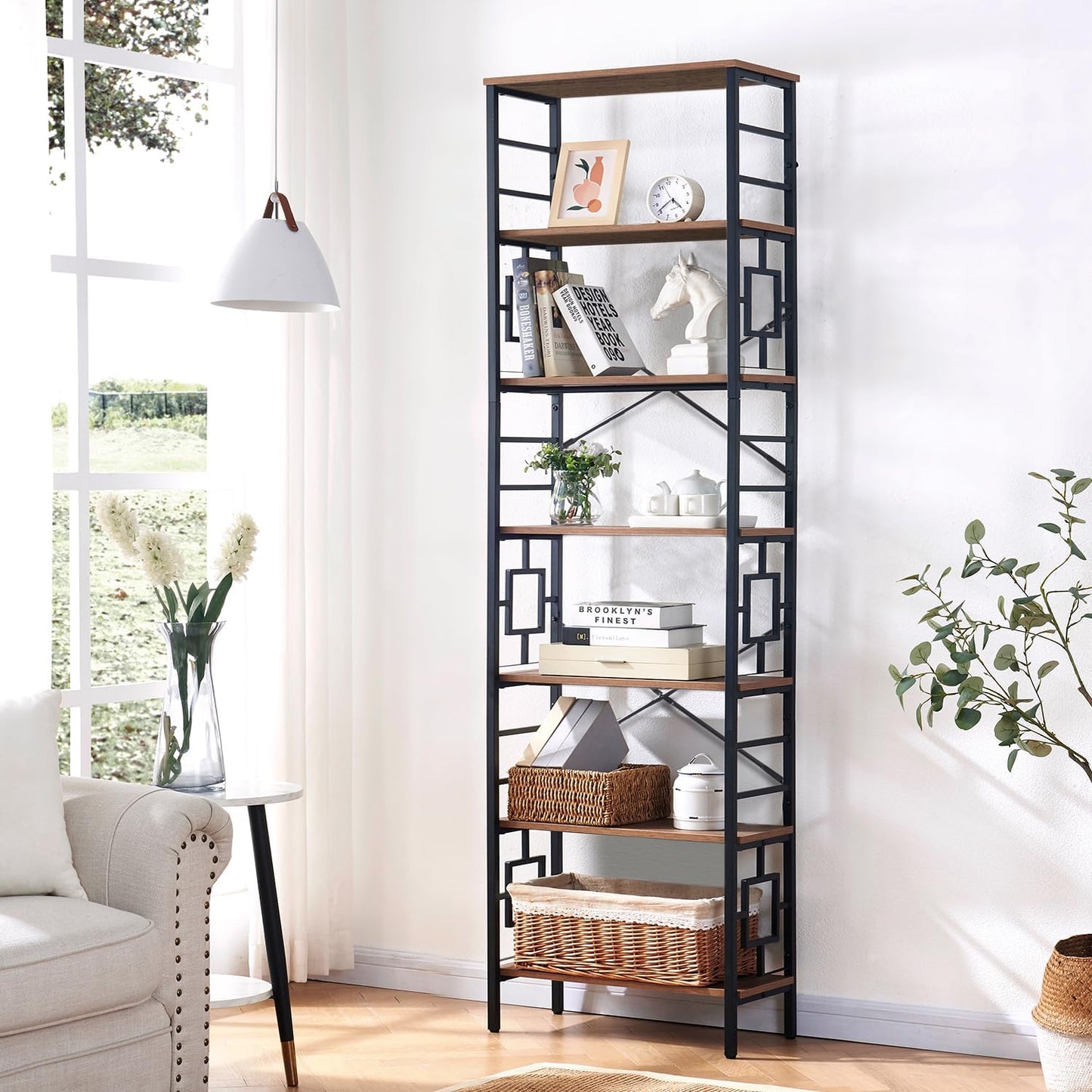 HOMISSUE Tall Bookshelf, 84 Inch Industrial Bookshelf with Metal Frame and Open Shelves, 7 Tier Metal Bookshelves and Bookcases, Rustic Tall Book Shelf for Office, Living Room and Bedroom, Brown