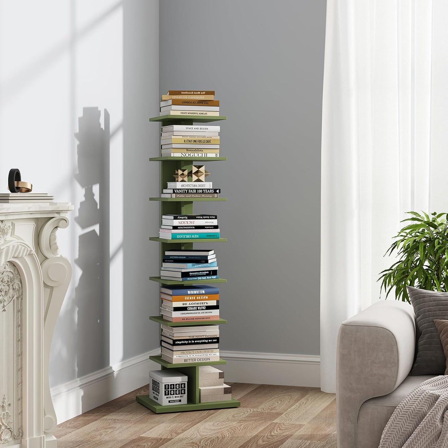 TUTOTAK Narrow Bookshelf, 8-Tier Bookcase, Spine Book Shelf for Small Space, Corner Standing Shelf for Living Room, Office, Study, Entryway, Rustic Brown BS06BB008