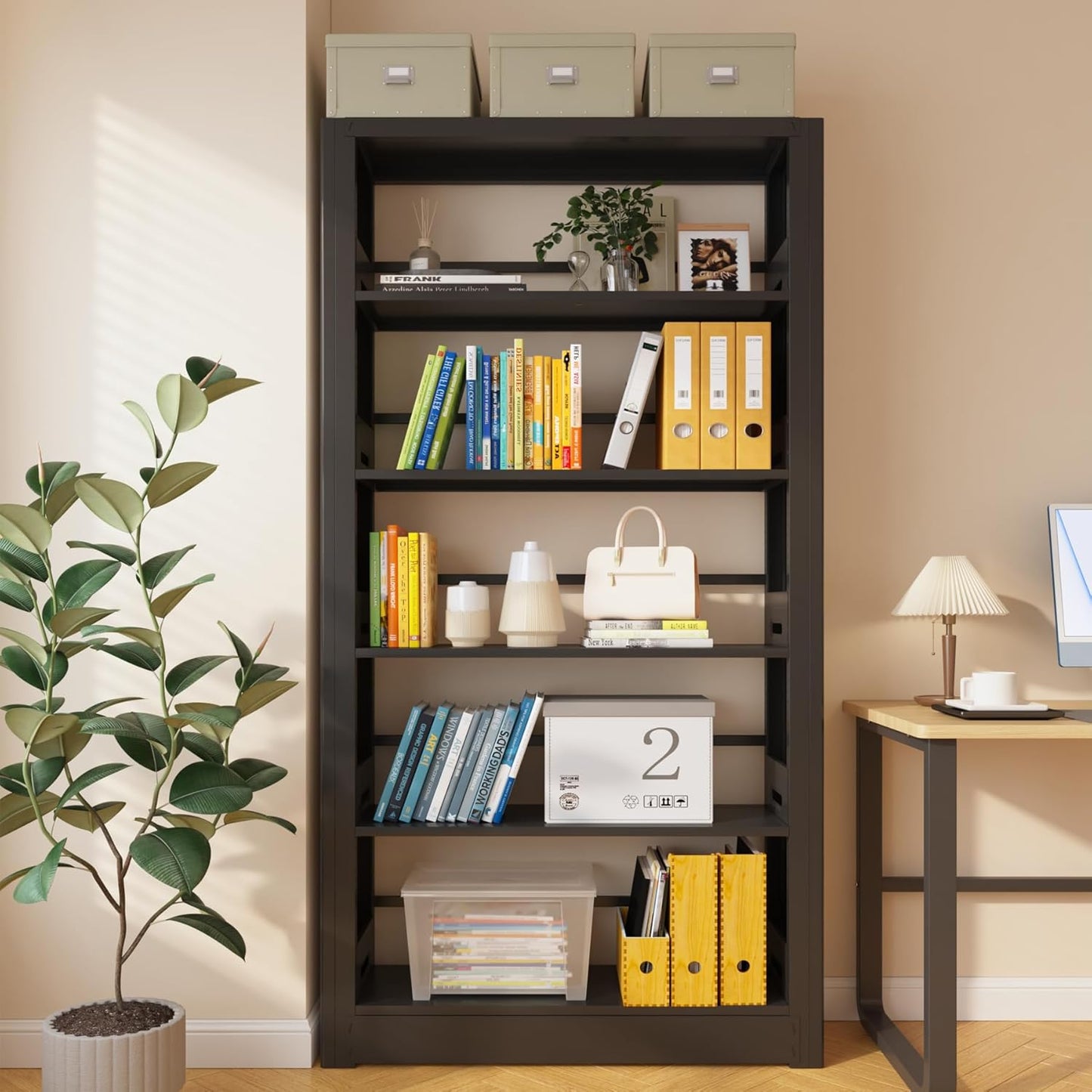 69" Tall Heavy-Duty Bookshelf, 5-Tier Metal Bookshelf with Adjustable Shelves, Open Shelf Bookcase, Tall Bookshelves for Home Office, Library, Bedroom, Including Book Stopper