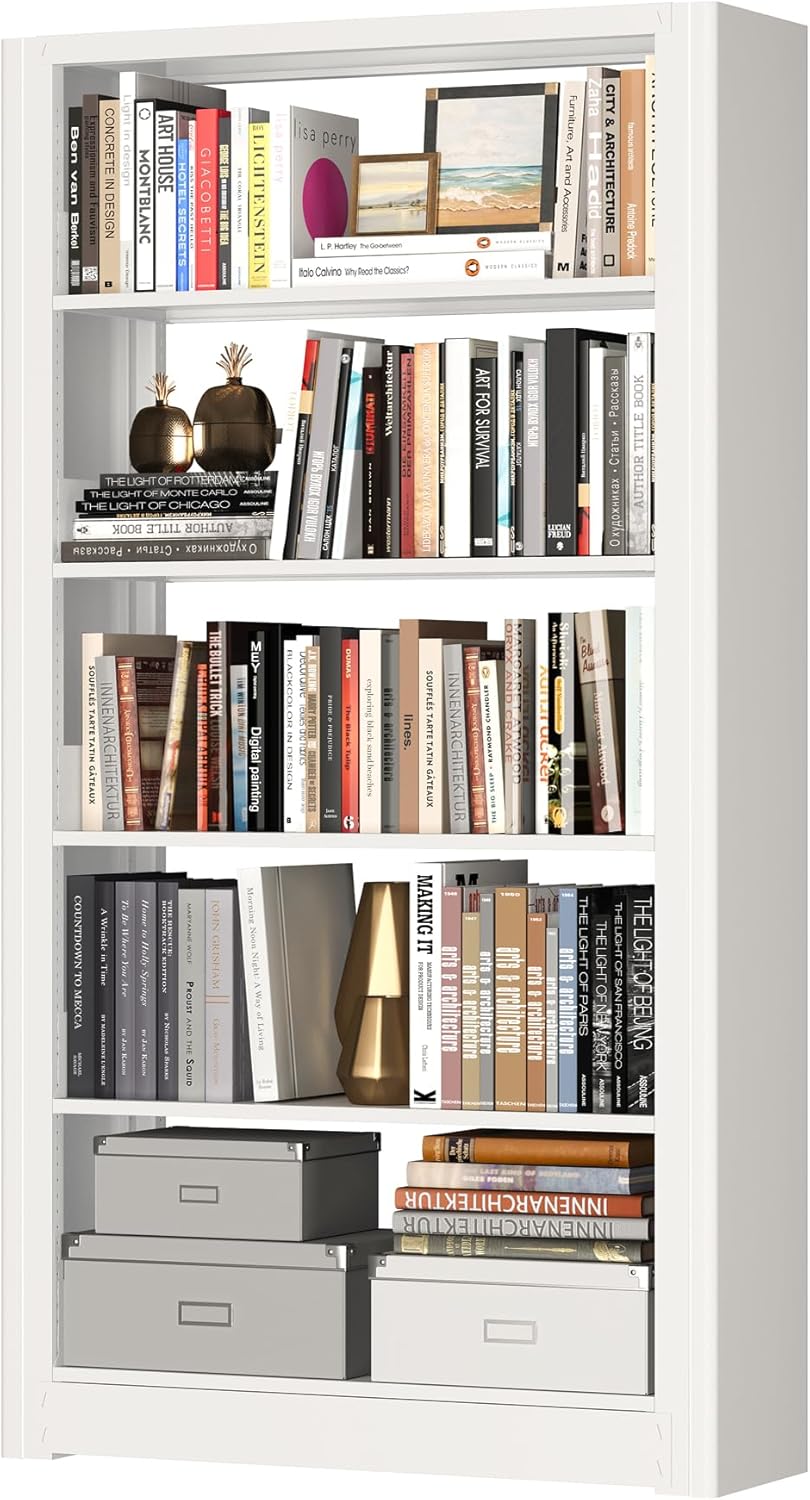 69" Tall Heavy-Duty Bookshelf, 5-Tier Metal Bookshelf with Adjustable Shelves, Open Shelf Bookcase, Tall Bookshelves for Home Office, Library, Bedroom, Including Book Stopper