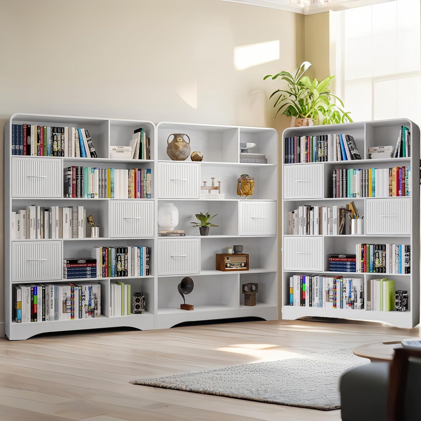 70" Book Shelf and Bookcase, Tall Bookshelf with Drawers, 48" Wide Modern 5 Tier Bookcase with 3 Bins Storage, Large Wood Display Cabinet with Adjustable Bin Storage for Living Room,Black