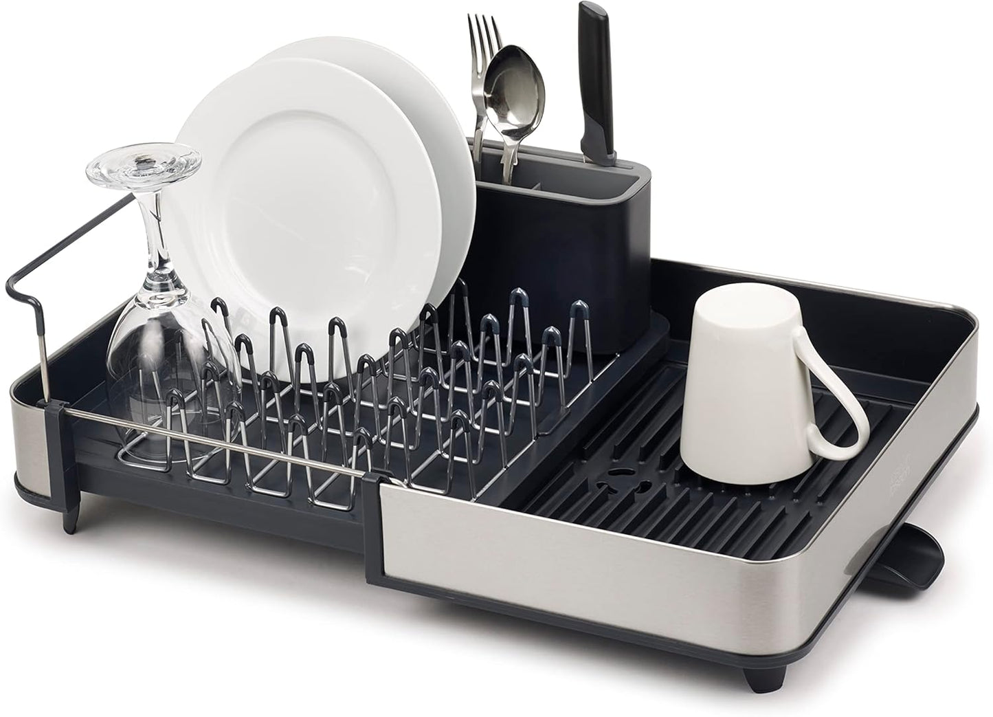 Joseph Joseph Extend Steel Expandable Dish Drying Rack with Removable Cutlery Holder Swivel Draining Spout, Stainless Steel