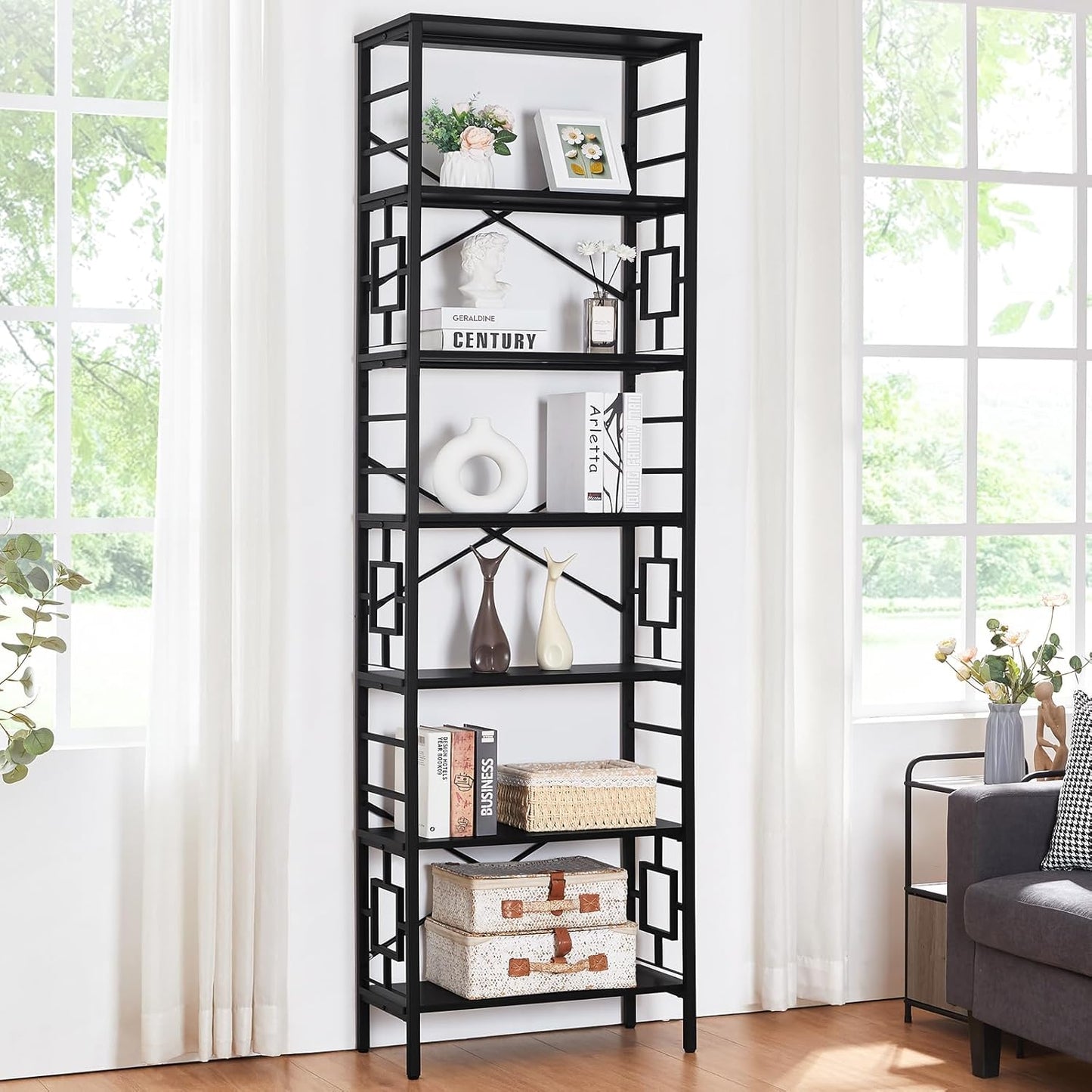 HOMISSUE Tall Bookshelf, 84 Inch Industrial Bookshelf with Metal Frame and Open Shelves, 7 Tier Metal Bookshelves and Bookcases, Rustic Tall Book Shelf for Office, Living Room and Bedroom, Brown