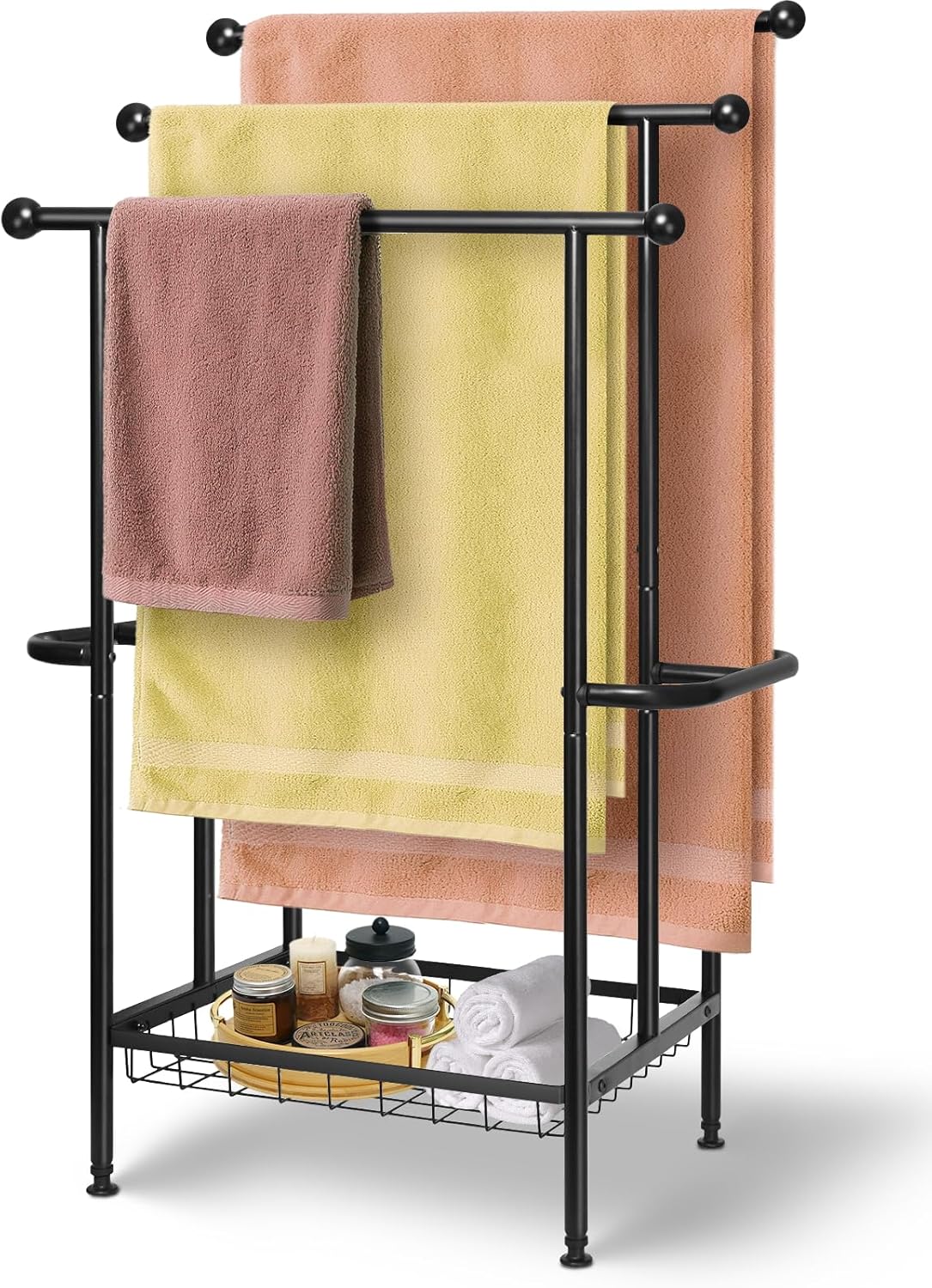 Haturi Free Standing Towel Rack for Bathroom, 39" Black 3-Tier Rust-Resistant Outdoor Towel Drying Rack for Pool, Metal Blanket Rack Holder with Storage Basket for Oversized Bath Towels