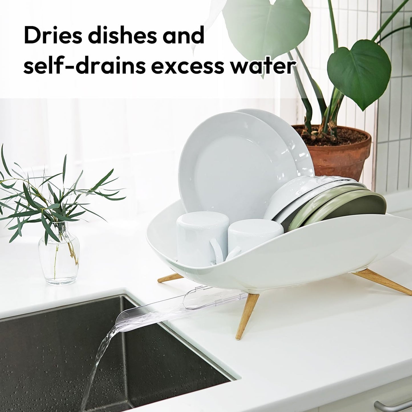 carrotez Dish Drying Rack, Dish Rack, Dish Drainer with Swivel Spout for Kitchen Counter, Auto Water Drainage, Durable, Rustproof, White