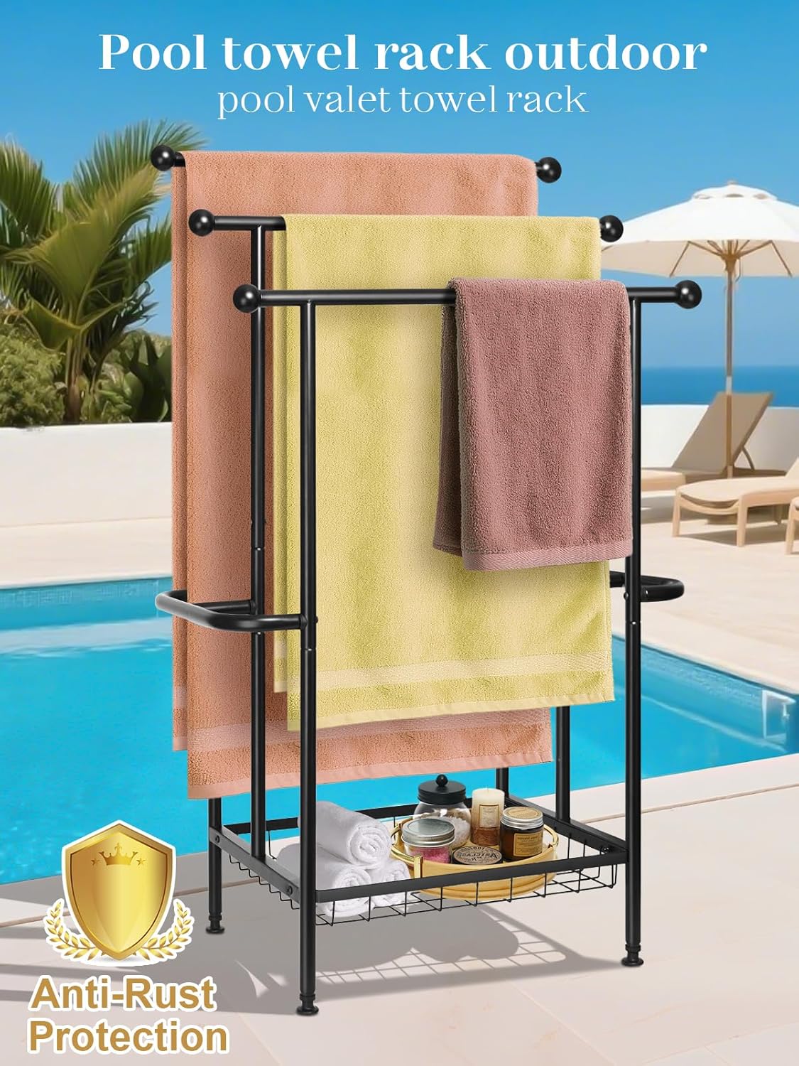 Haturi Free Standing Towel Rack for Bathroom, 39" Black 3-Tier Rust-Resistant Outdoor Towel Drying Rack for Pool, Metal Blanket Rack Holder with Storage Basket for Oversized Bath Towels
