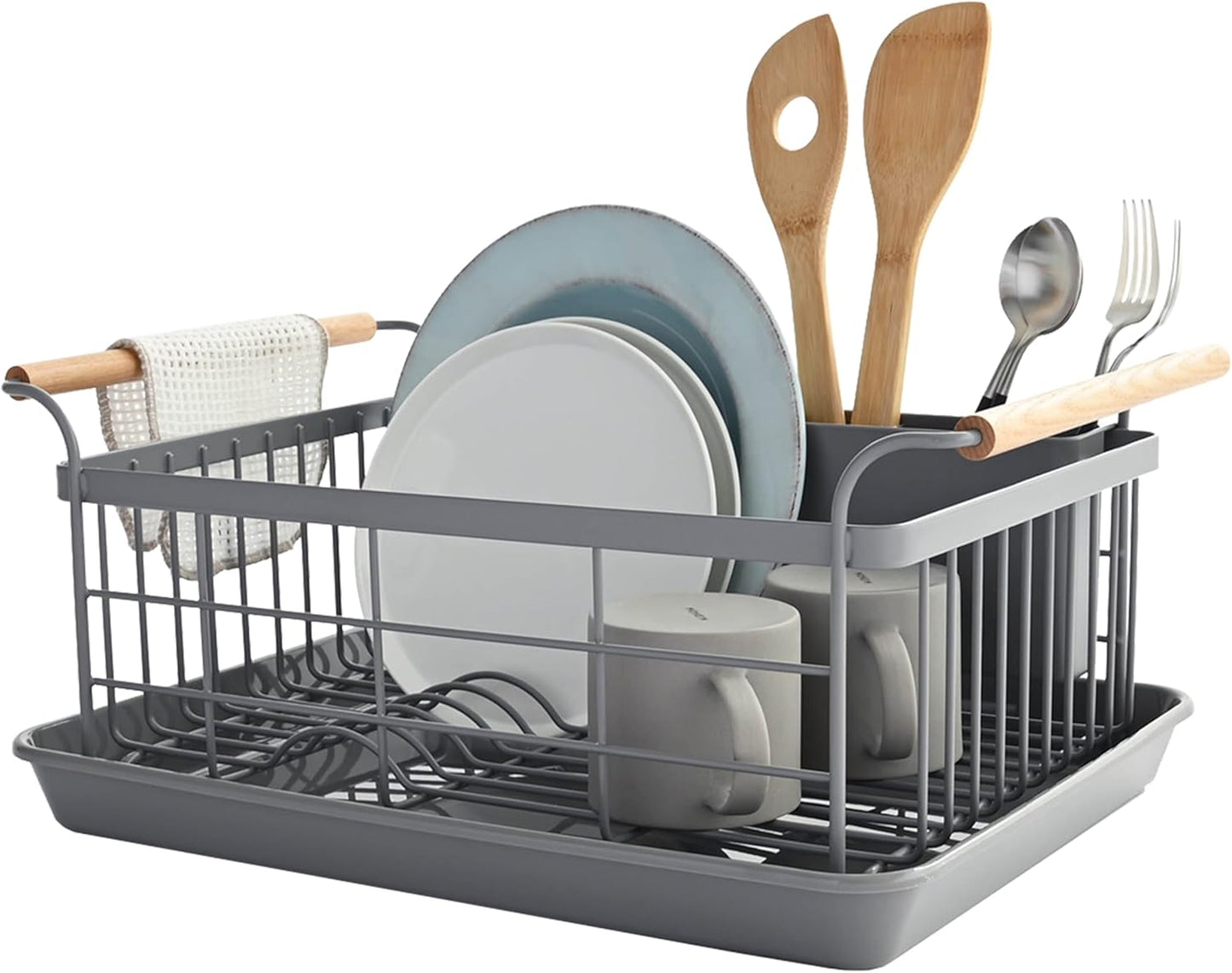 Yamazaki Home Dish Rack with Removeable Drainer Tray, Kitchen Counter Dish Drying Organizer Holder Steel + Wood One Size White