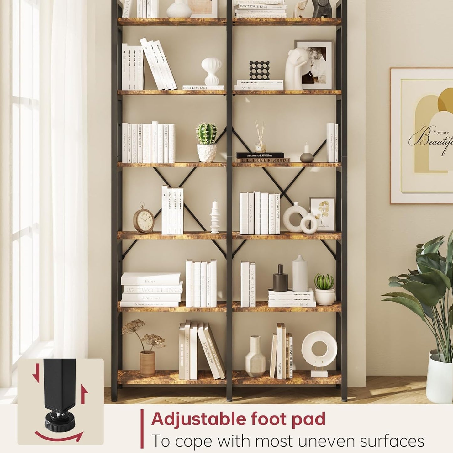 oneinmil Bookshelf 6 Tier, 71.5'' Industrial Wood Bookshelves, Book Shelf with 12 Open Display Shelves & Metal Frame, Tall Bookcase for Home and Office, Rustic Brown