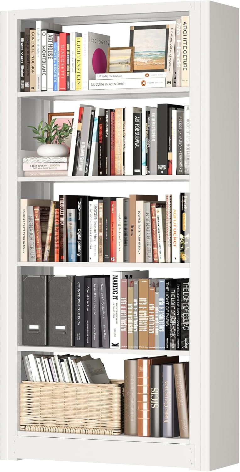 69" Tall Heavy-Duty Bookshelf, 5-Tier Metal Bookshelf with Adjustable Shelves, Open Shelf Bookcase, Tall Bookshelves for Home Office, Library, Bedroom, Including Book Stopper