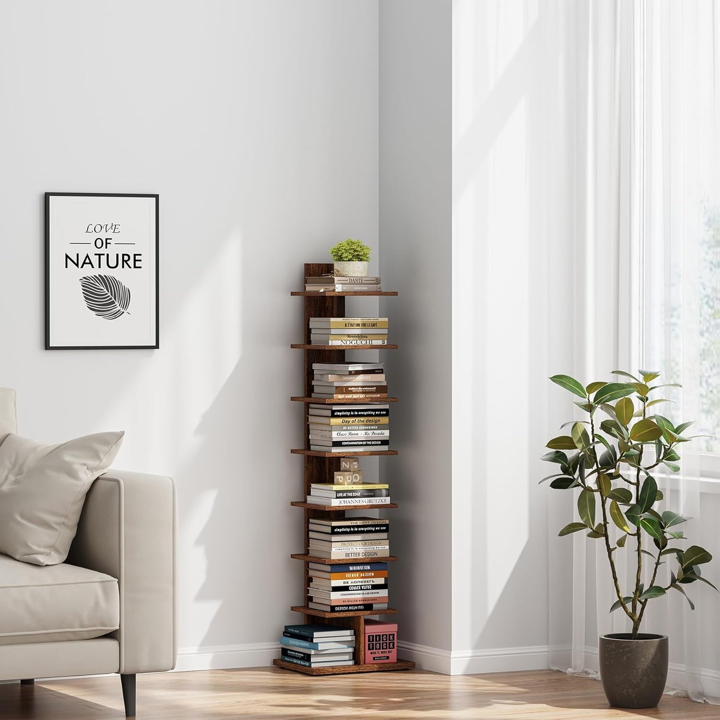 TUTOTAK Narrow Bookshelf, 8-Tier Bookcase, Spine Book Shelf for Small Space, Corner Standing Shelf for Living Room, Office, Study, Entryway, Rustic Brown BS06BB008