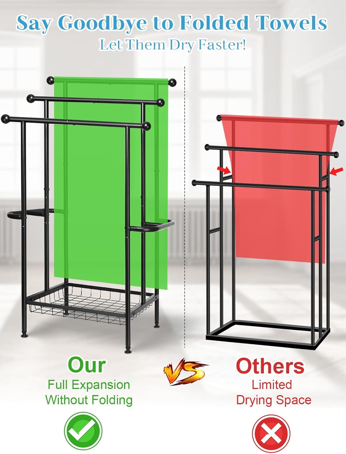 Haturi Free Standing Towel Rack for Bathroom, 39" Black 3-Tier Rust-Resistant Outdoor Towel Drying Rack for Pool, Metal Blanket Rack Holder with Storage Basket for Oversized Bath Towels
