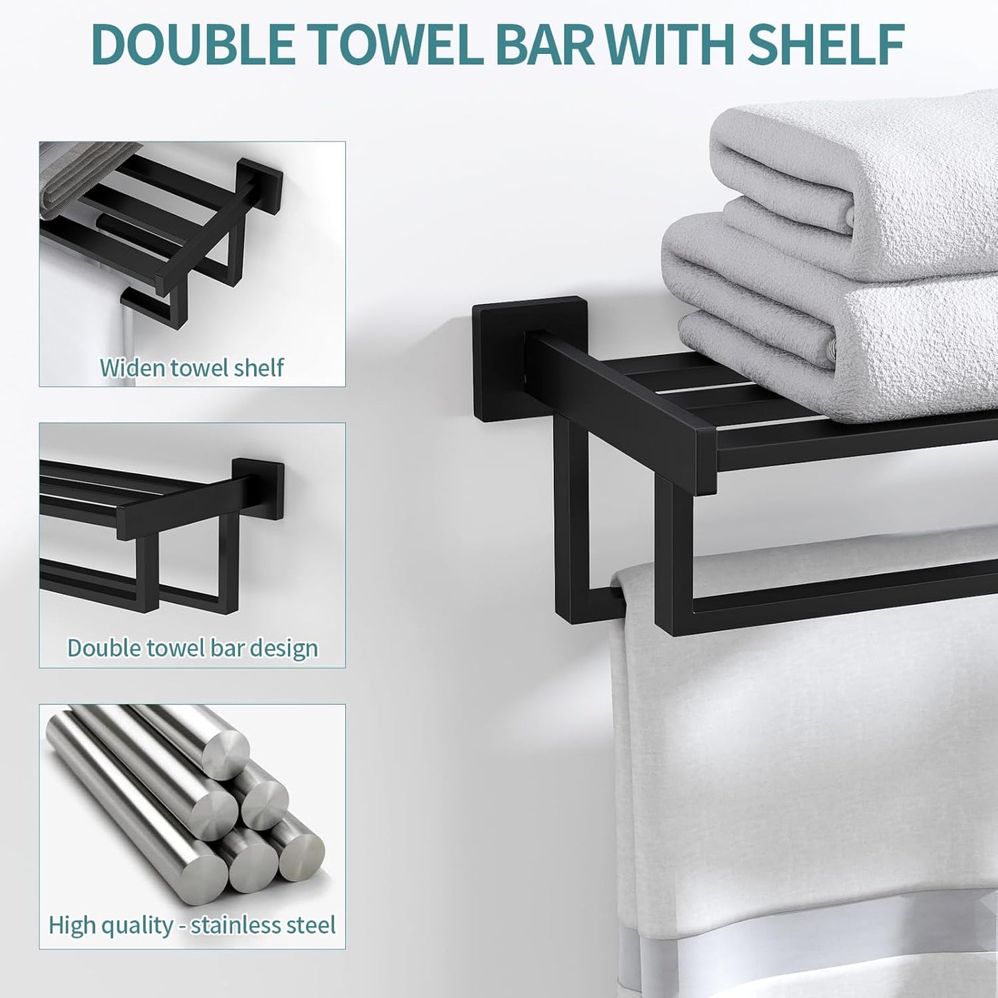 Bathroom Towel Rack with Double Towel Bar, 24 Inch Towel Racks for Bathroom Wall Mounted, Hand Towel Hanger Stainless Steel Towel Shelf Rack Bathroom Towel Storage, Black