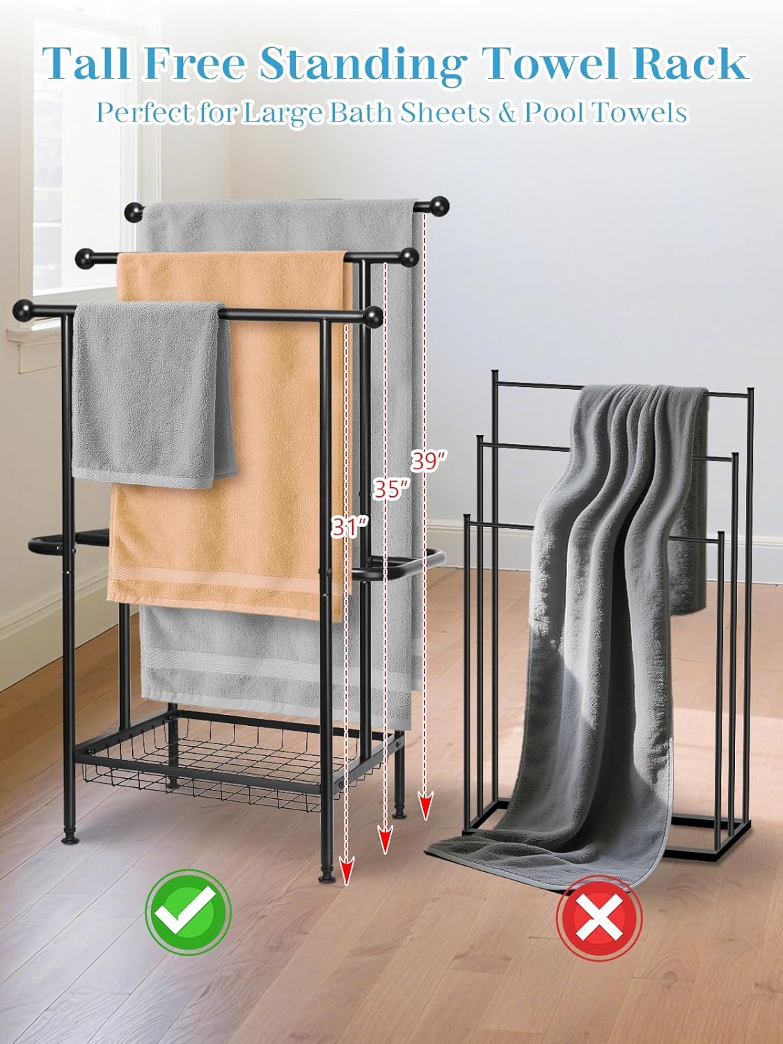 Haturi Free Standing Towel Rack for Bathroom, 39" Black 3-Tier Rust-Resistant Outdoor Towel Drying Rack for Pool, Metal Blanket Rack Holder with Storage Basket for Oversized Bath Towels