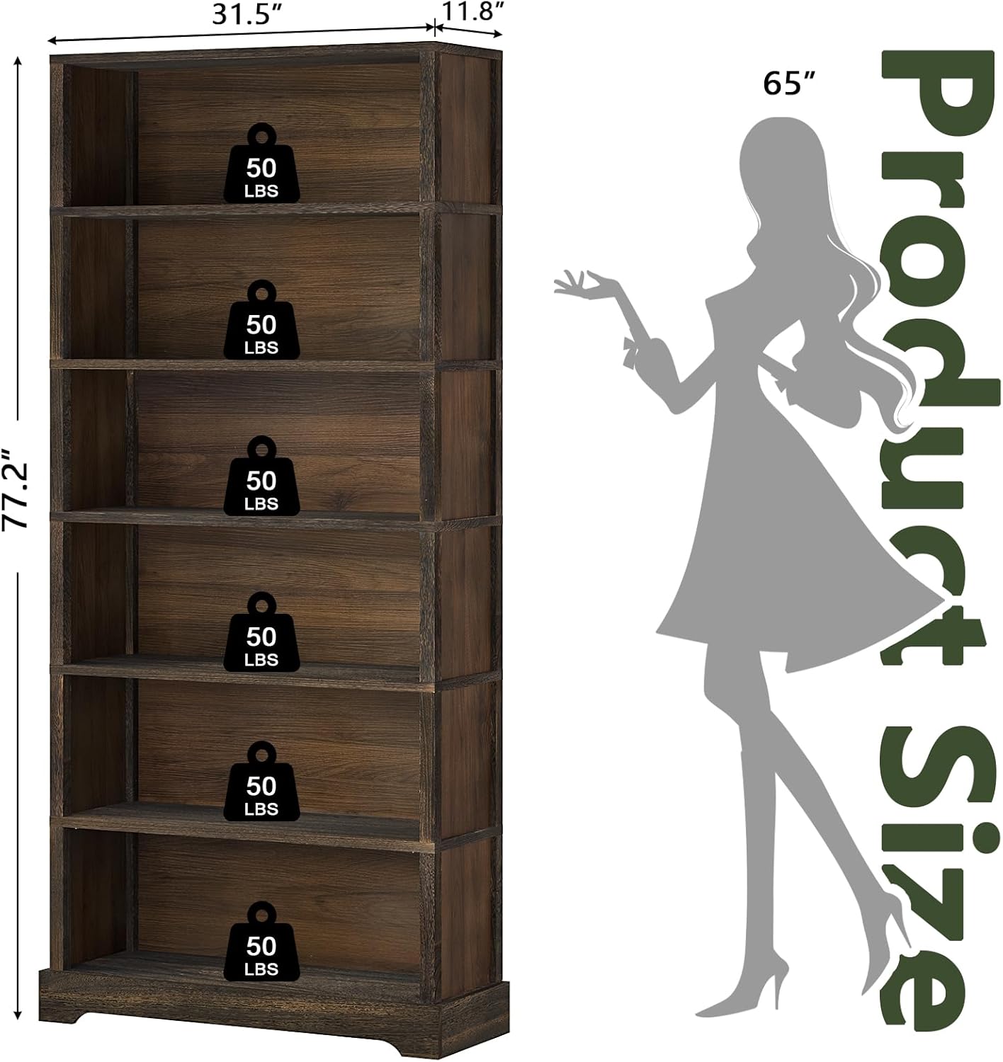 TVU 6 Shelf Bookcase, Freestanding Open Bookshelf, Tall Book Shelf, 11.8" D x 31.5" W x 77.2" H, for Living Room, Dining Room, Study, Office, Rustic Brown
