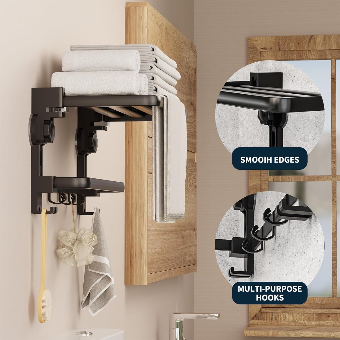 Towel Rack with Towel Bar Holder Suction Cup Foldable Towel Shelf No Drill with 7 Hooks Rustproof Towel Storage Wall Mount for Bathroom Lavatory Matte Black 20 Inch