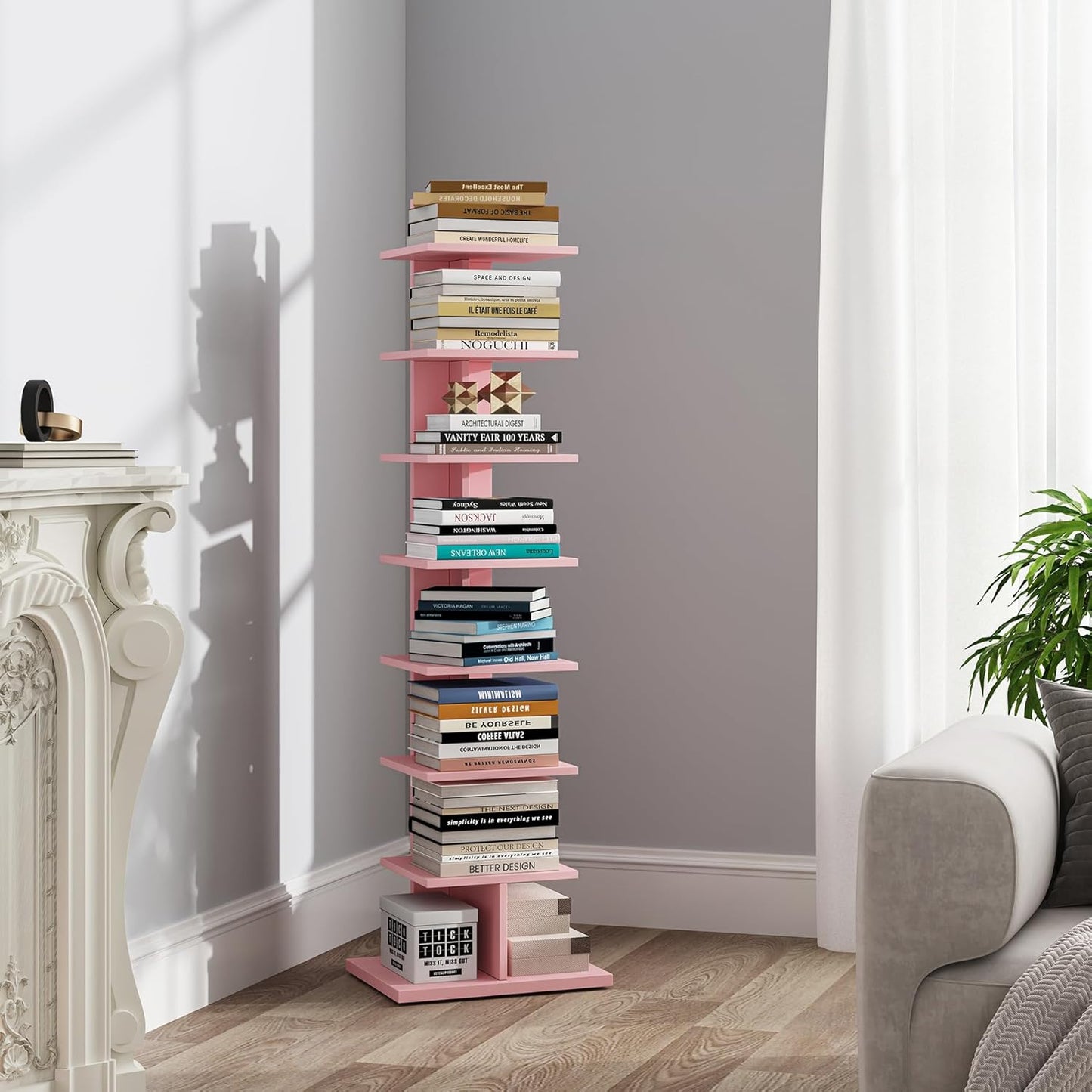 TUTOTAK Narrow Bookshelf, 8-Tier Bookcase, Spine Book Shelf for Small Space, Corner Standing Shelf for Living Room, Office, Study, Entryway, Rustic Brown BS06BB008