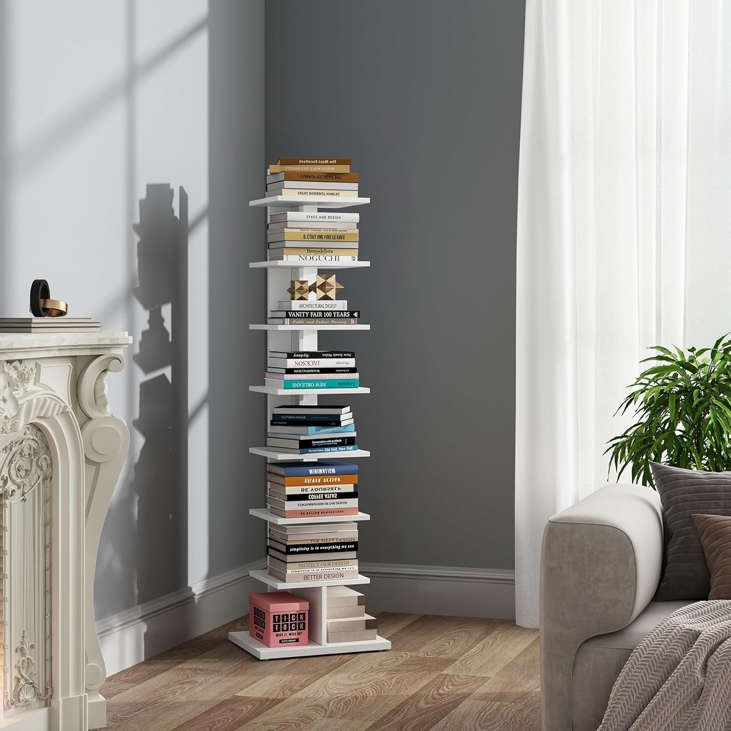 TUTOTAK Narrow Bookshelf, 8-Tier Bookcase, Spine Book Shelf for Small Space, Corner Standing Shelf for Living Room, Office, Study, Entryway, Rustic Brown BS06BB008