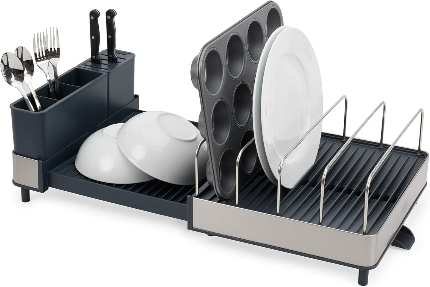 Joseph Joseph Extend Steel Expandable Dish Drying Rack with Removable Cutlery Holder Swivel Draining Spout, Stainless Steel