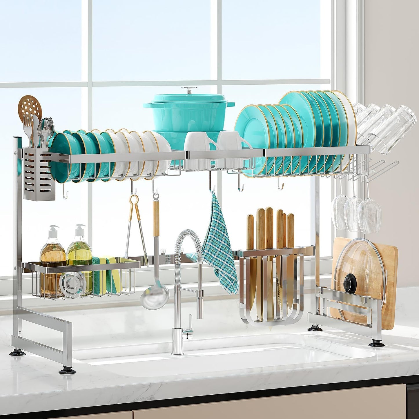 3 Tier Extra Large Stainless Steel Expandable Over The Sink Dish Drainer Drying Rack, Rust Proof Metal, Space Saving, Modern Silver Big Capacity Extendable Plate Strainers Above Kitchen Counter