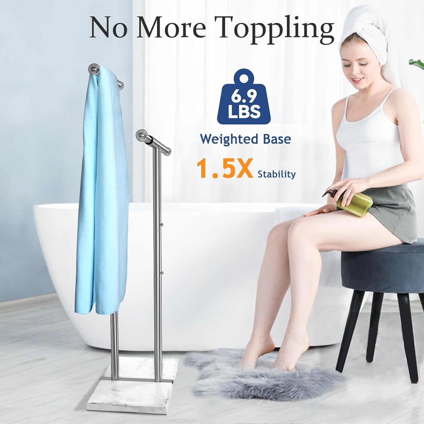 Kayfia 40" Standing Towel Rack with Weighted Marble Base, Width Adjustable & Taller Bathroom Towel Rack Stand, 2-Tier Towel Racks for Bathroom, Multiple Spaces Stainless Steel Brushed Finish
