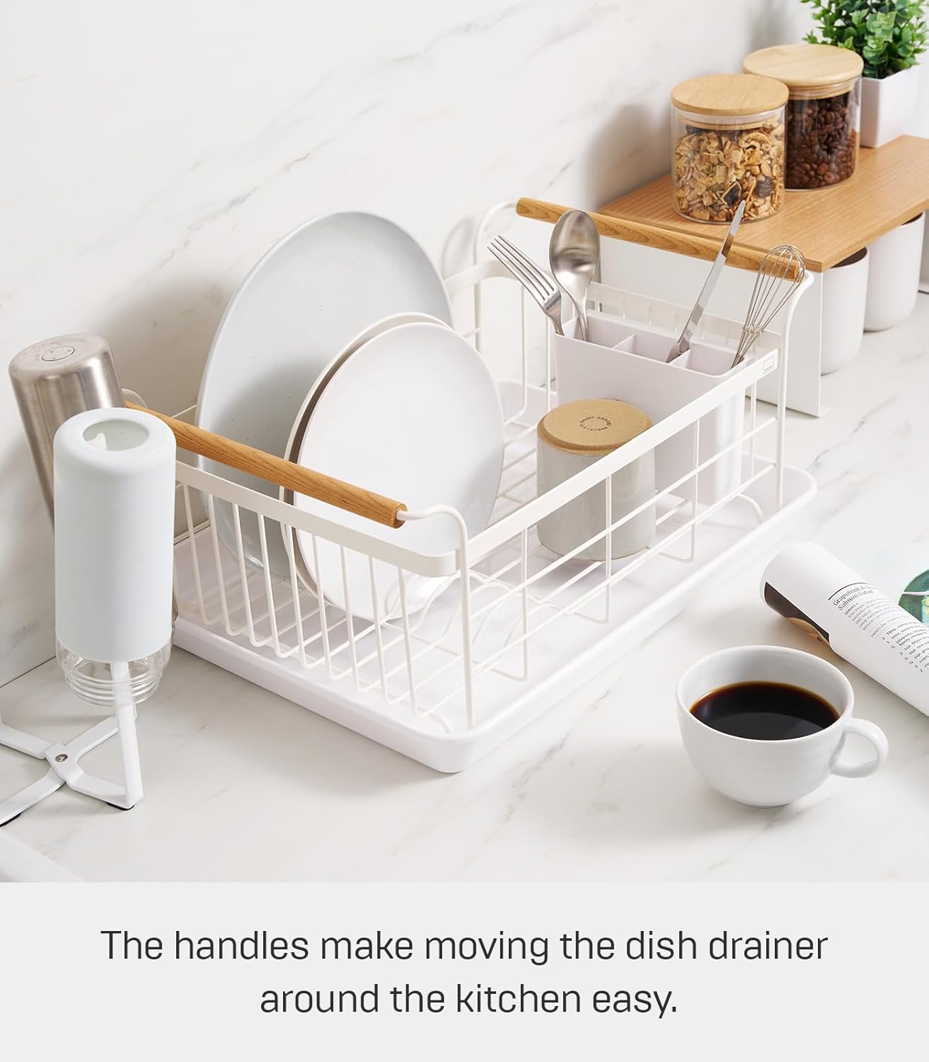 Yamazaki Home Dish Rack with Removeable Drainer Tray, Kitchen Counter Dish Drying Organizer Holder Steel + Wood One Size White