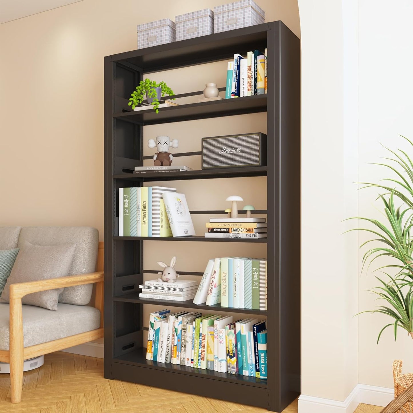 69" Tall Heavy-Duty Bookshelf, 5-Tier Metal Bookshelf with Adjustable Shelves, Open Shelf Bookcase, Tall Bookshelves for Home Office, Library, Bedroom, Including Book Stopper