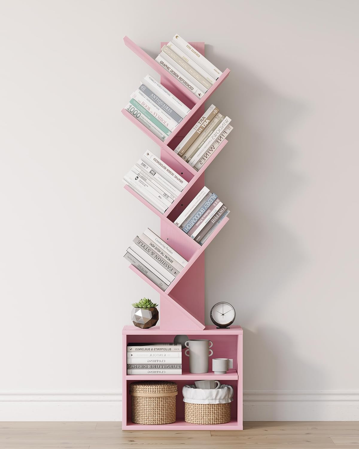 SUNMORY 6 Tier Tree Bookshelf, Small Bookcase with Storage Cabinet, Modern Tall Narrow Bookshelves Organizer, Floor Standing Book Shelf for Bedroom/Living Room/Home Office/Corner, Rustic Brown
