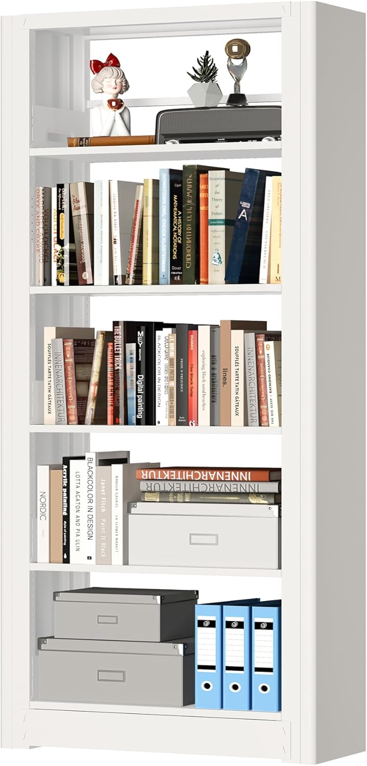 69" Tall Heavy-Duty Bookshelf, 5-Tier Metal Bookshelf with Adjustable Shelves, Open Shelf Bookcase, Tall Bookshelves for Home Office, Library, Bedroom, Including Book Stopper