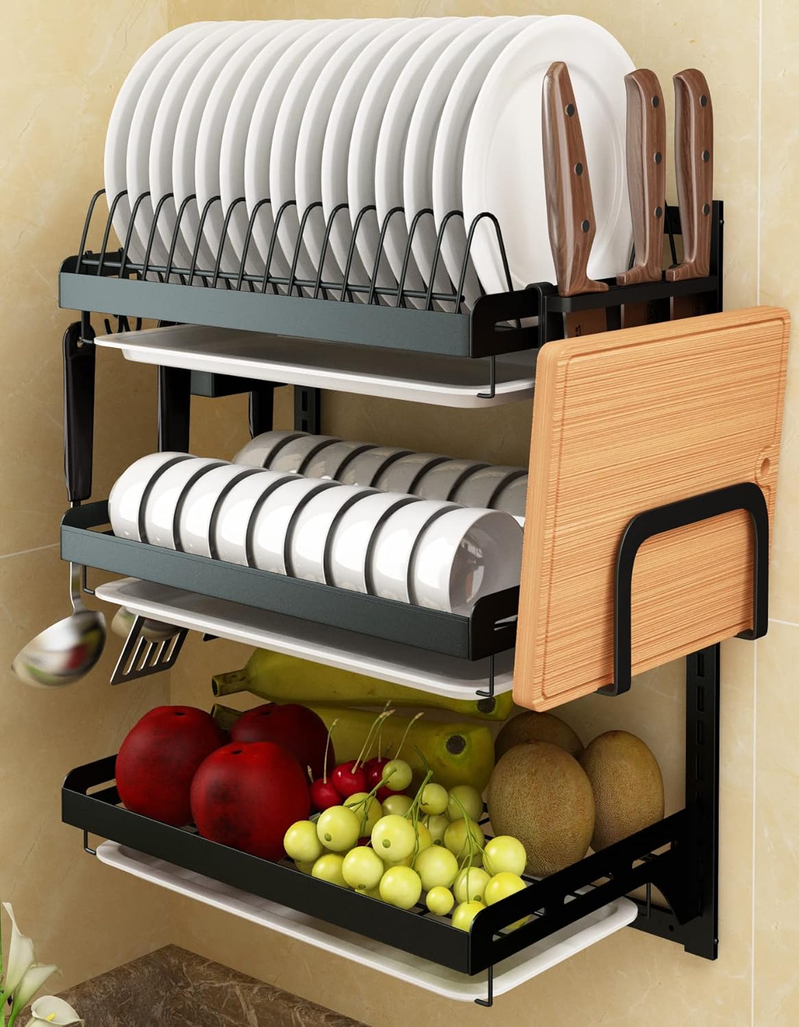 Adjustable Stainless Steel Wall Mounted Over the Sink Dish Drying Rack, Large Capacity Pot Rack Dish Rack with Utensil Holder for Kitchen Storage Organizer Patent Pending (Black)