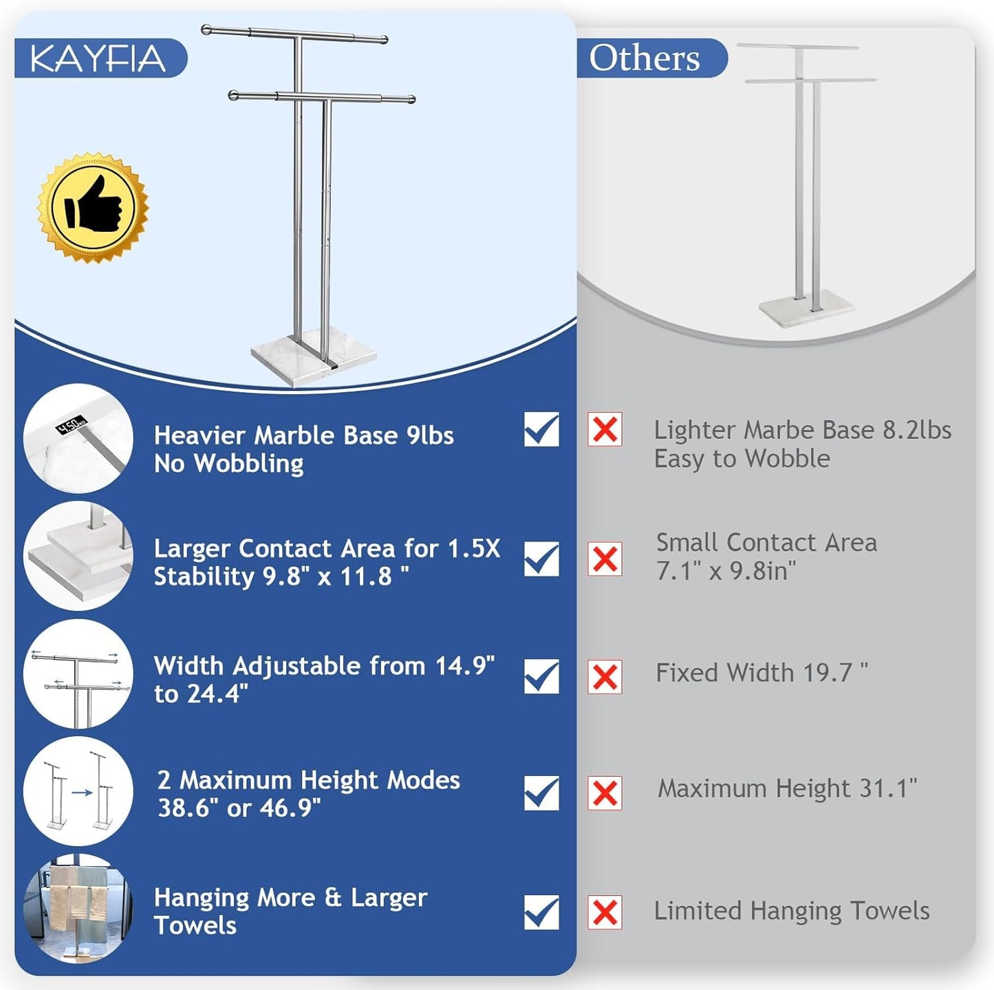 Kayfia 40" Standing Towel Rack with Weighted Marble Base, Width Adjustable & Taller Bathroom Towel Rack Stand, 2-Tier Towel Racks for Bathroom, Multiple Spaces Stainless Steel Brushed Finish
