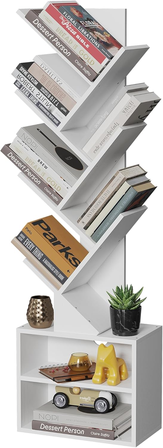 SUNMORY 6 Tier Tree Bookshelf, Small Bookcase with Storage Cabinet, Modern Tall Narrow Bookshelves Organizer, Floor Standing Book Shelf for Bedroom/Living Room/Home Office/Corner, Rustic Brown