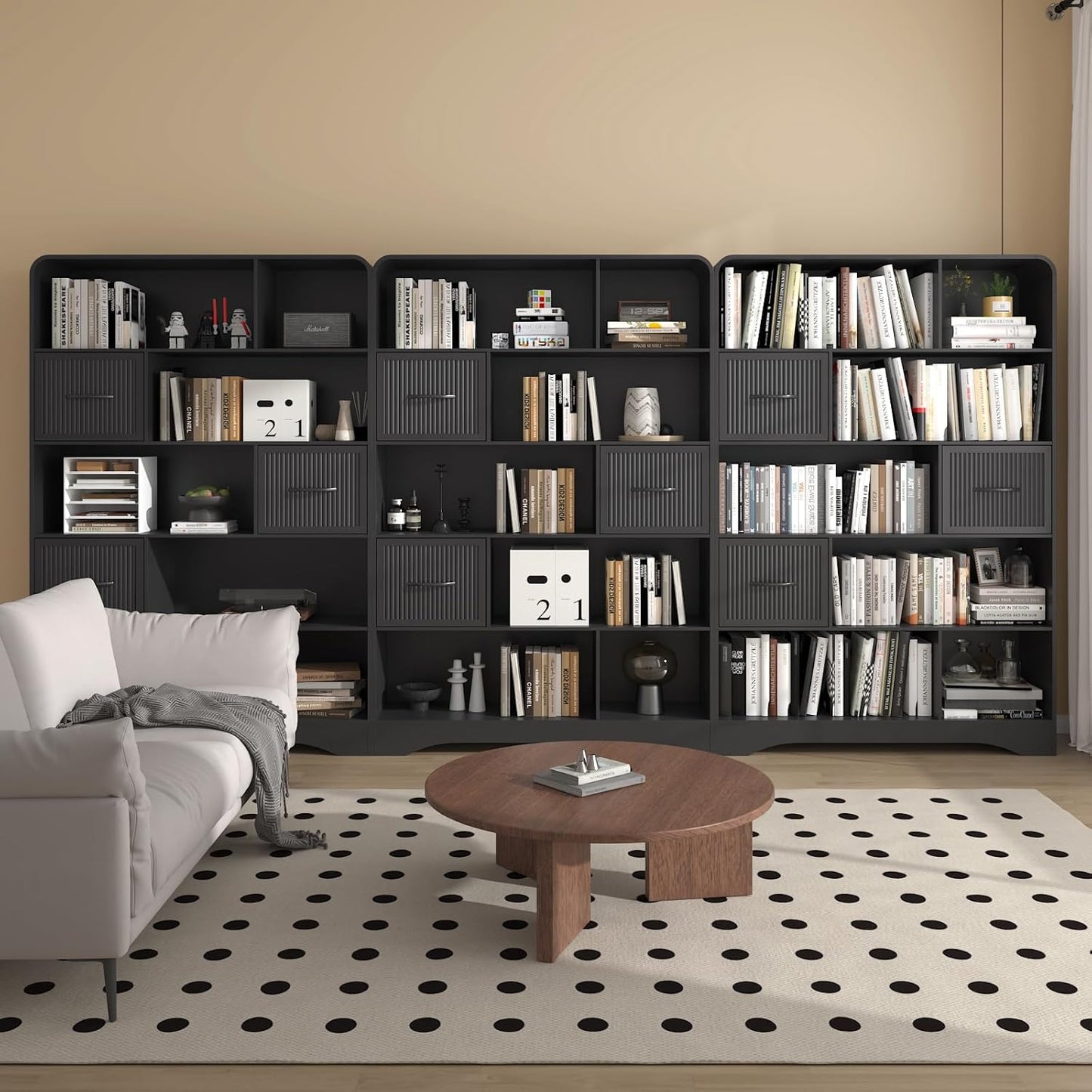70" Book Shelf and Bookcase, Tall Bookshelf with Drawers, 48" Wide Modern 5 Tier Bookcase with 3 Bins Storage, Large Wood Display Cabinet with Adjustable Bin Storage for Living Room,Black