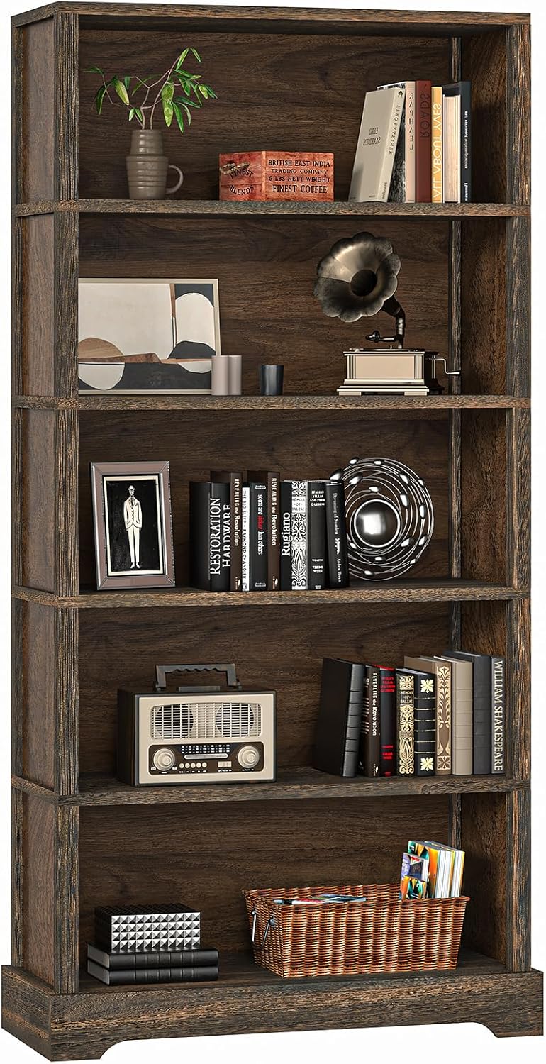 TVU 6 Shelf Bookcase, Freestanding Open Bookshelf, Tall Book Shelf, 11.8" D x 31.5" W x 77.2" H, for Living Room, Dining Room, Study, Office, Rustic Brown