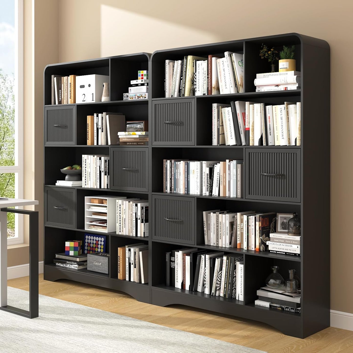 70" Book Shelf and Bookcase, Tall Bookshelf with Drawers, 48" Wide Modern 5 Tier Bookcase with 3 Bins Storage, Large Wood Display Cabinet with Adjustable Bin Storage for Living Room,Black
