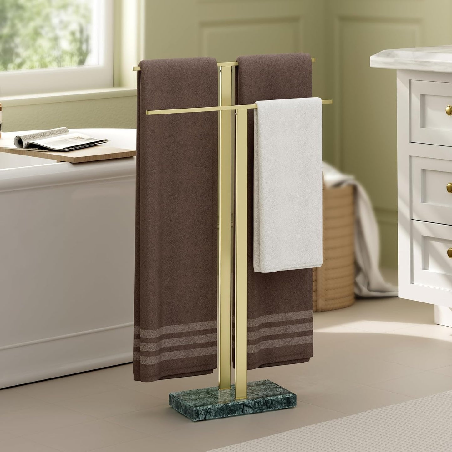 KES Standing Towel Racks for Bathroom 2-Tier, Floor Towel Rack Stand with Heavy Marble Base, Upgrade Steady Design, Pro-Grade 18/8 Stainless Steel Brushed Finish, BTH217-2