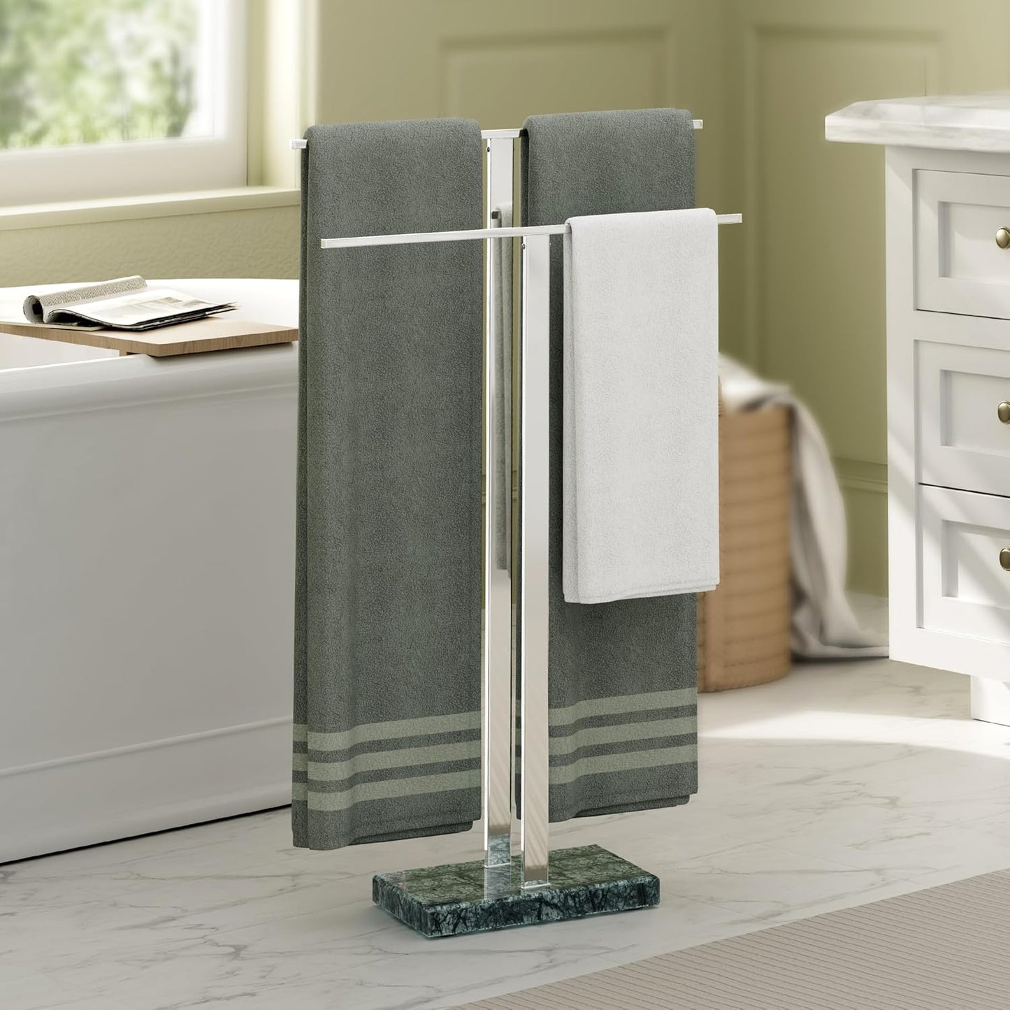 KES Standing Towel Racks for Bathroom 2-Tier, Floor Towel Rack Stand with Heavy Marble Base, Upgrade Steady Design, Pro-Grade 18/8 Stainless Steel Brushed Finish, BTH217-2