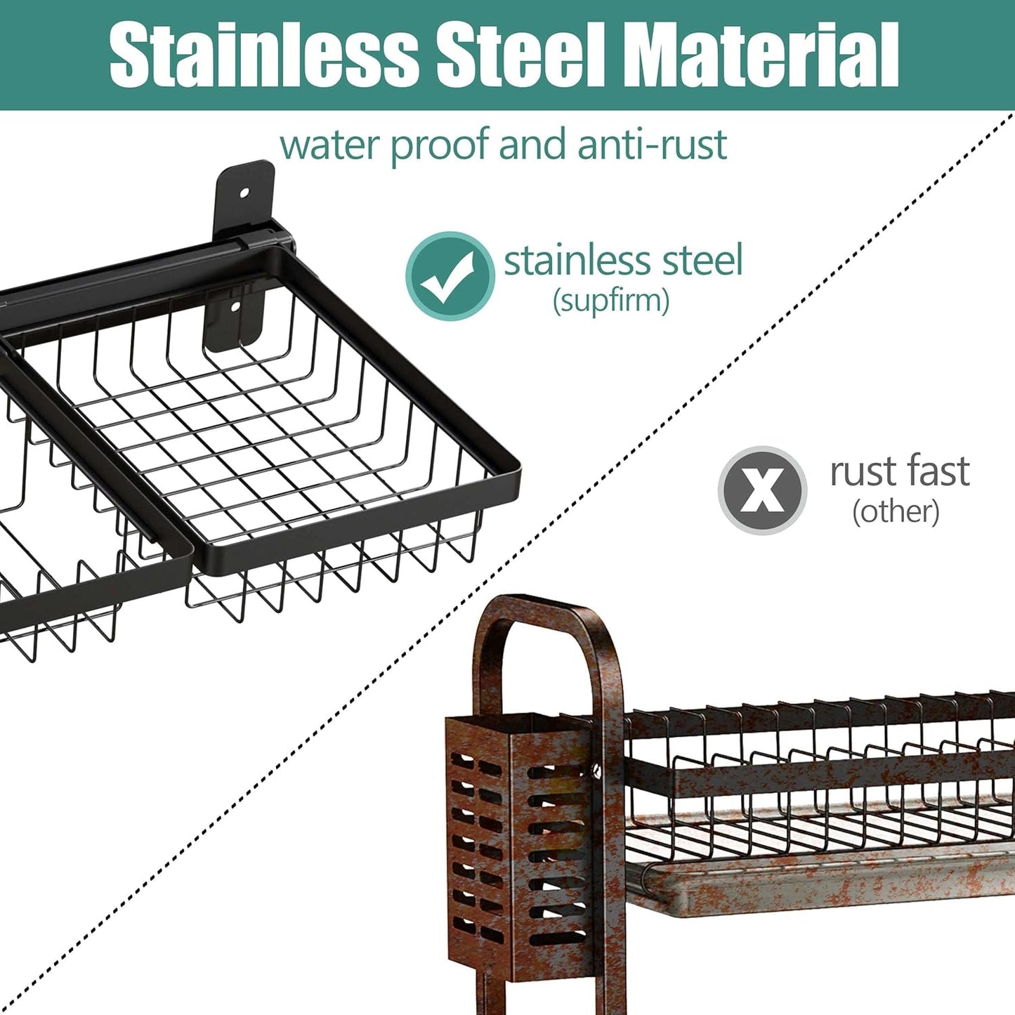 Adjustable Stainless Steel Wall Mounted Over the Sink Dish Drying Rack, Large Capacity Pot Rack Dish Rack with Utensil Holder for Kitchen Storage Organizer Patent Pending (Black)